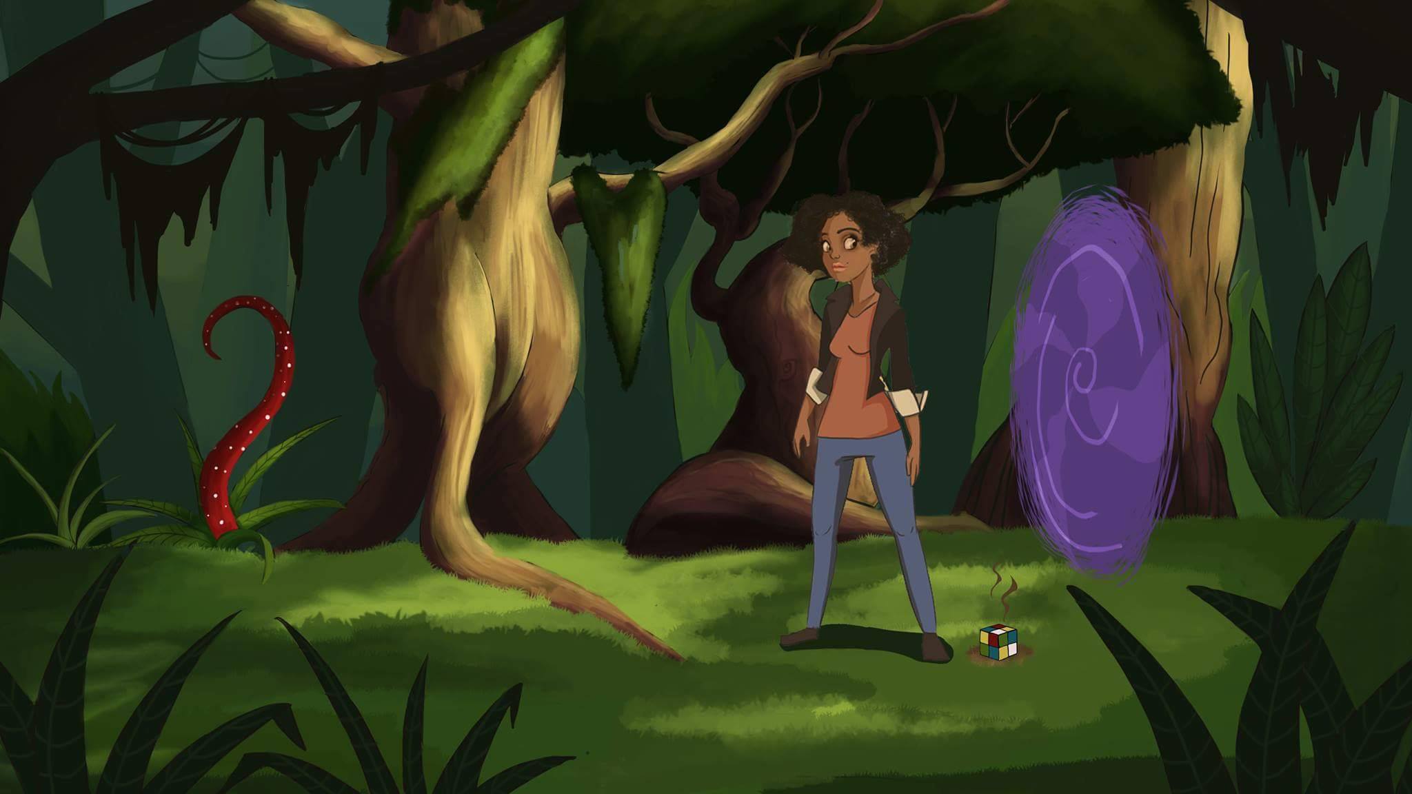 Vio in front of a portal in the woods